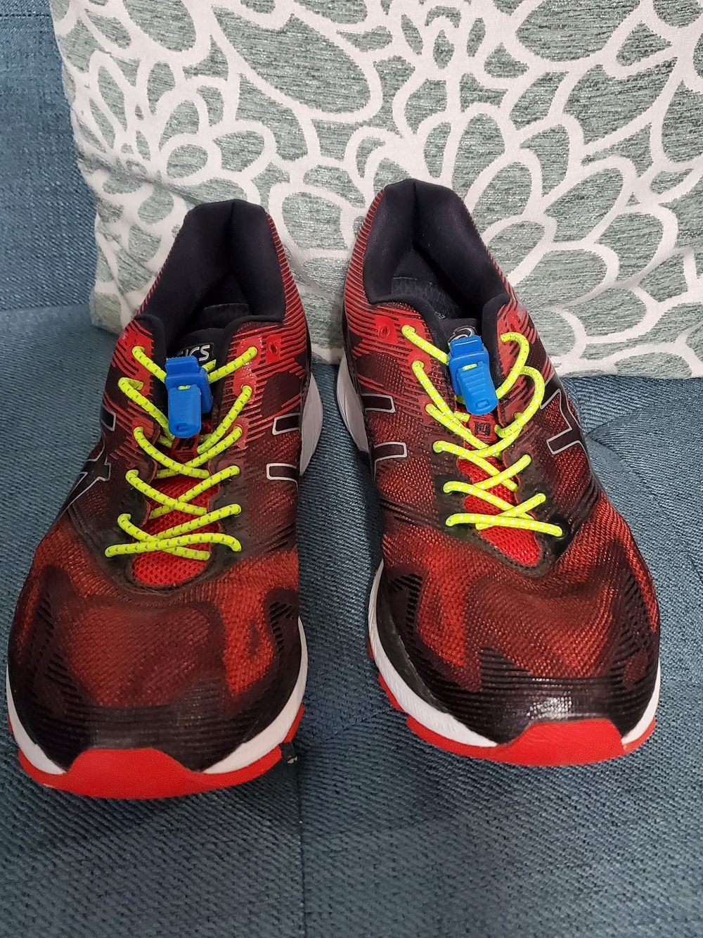 Asics Red and Black Men's Sneakers with Neon Yellow Laces